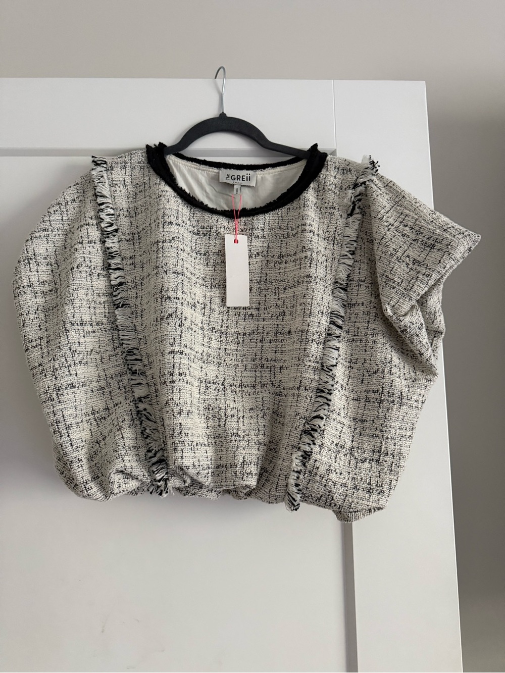 The Greii Black & White Tweed Fringe Crop Top